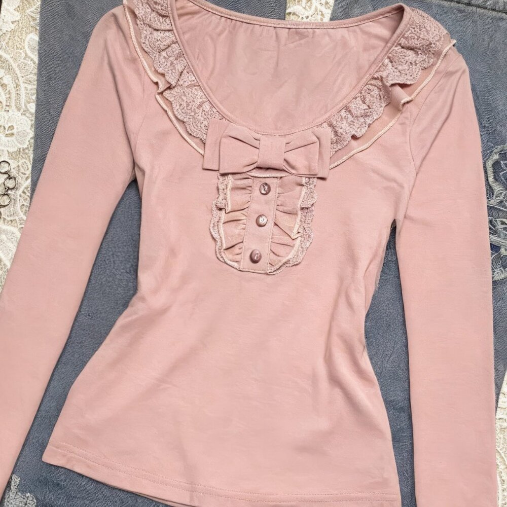 Original Pink Bow Lace Patchwork Long Sleeve T-Sh… - image 2